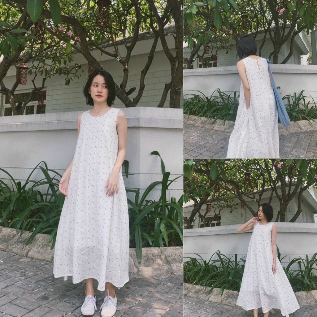 Đầm maxi trắng form rộng, Đầm yếm dáng suông dài đi biển Cao Cấp in hoa nhí, sát nách cổ tròn - MiNhi