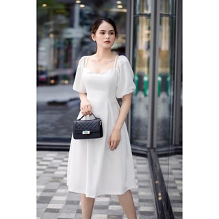 Đầm dự tiệc dạ hội trắng xòe tay phồng cách điệu