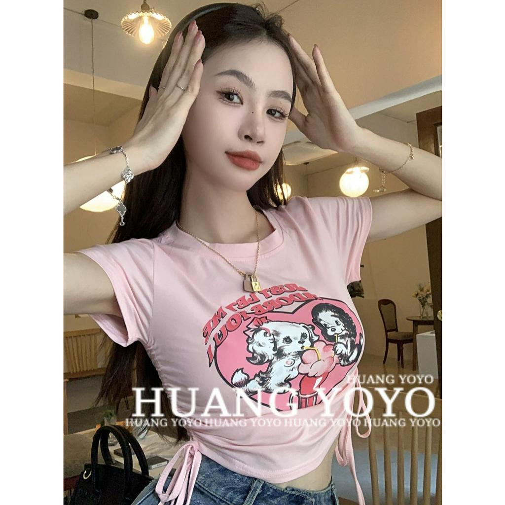 Áo Thun Crop Top Tay Ngắn Cổ Tròn In Hình Chú Chó Hoạt Họa Trái Tim Phối Dây Đeo Thời Trang Mùa Hè Mới Cho Bạn