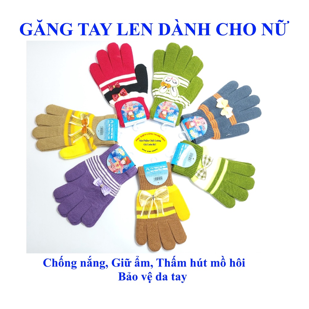 Găng tay len Bao tay len Nữ Bít ngón Sọc ngang Gắn nơ Nhãn SUN-G Len Acrylic Chống nắng Giữ ấm Bảo vệ da tay Sx tại VN