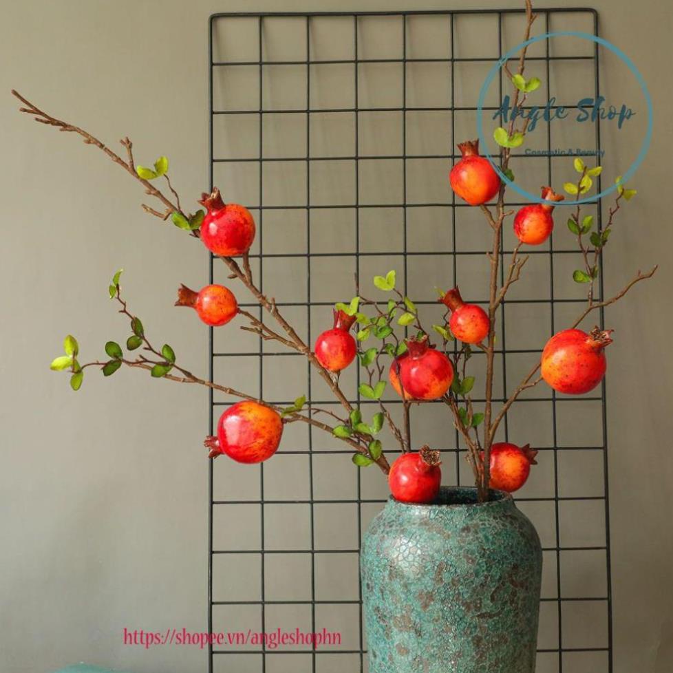 Trang Trí Tết Cây hoa giả - Cành lựu 6 quả to thân 85 cm trang trí tết tài lộc phúc thọ cành mốc như thật