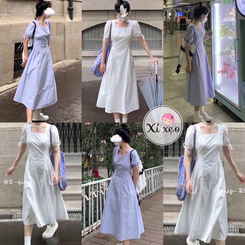Váy dài trắng xanh đầm xoè thắt nơ lưng phong cách ulzzang xixeoshop - V47 | BigBuy360 - bigbuy360.vn