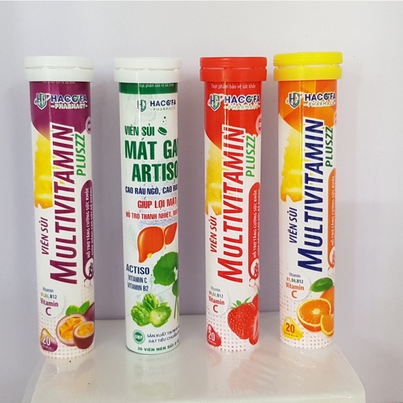 Sủi vitamin tổng hợp Multivitamin Hacofa nhiều vị cam, chanh, dứa, bổ sung vtm C, nhóm B, PP, D3, kẽm tuýp 20 viên
