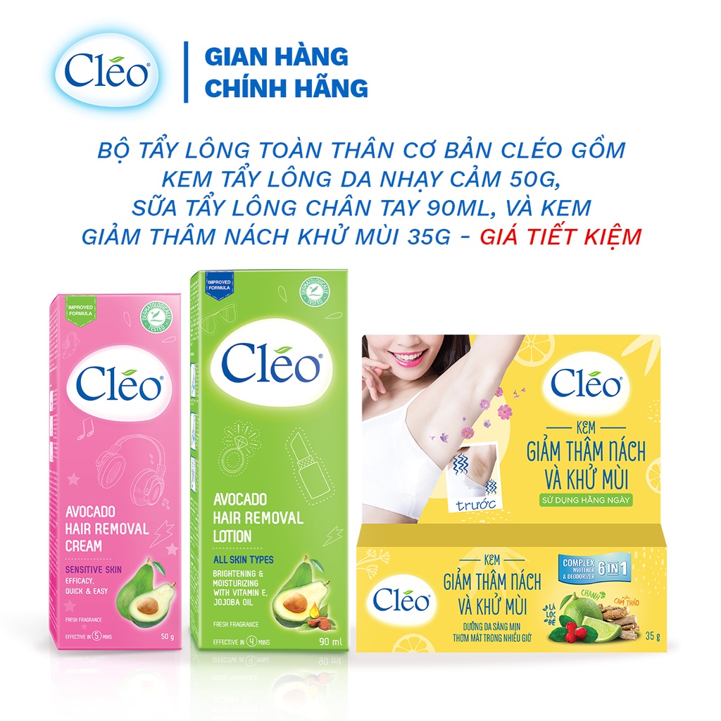 Bộ Tẩy lông toàn thân Cleo gồm kem tẩy lông da nhạy cảm 50g, lotion tẩy lông 90ml và kem giảm thâm nách, khử mùi 35g