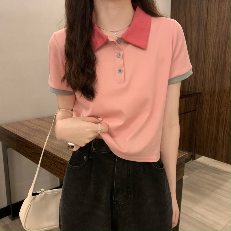 Áo Thun Lửng Tay Ngắn Có Cổ Thời Trang Dành Cho Nữ