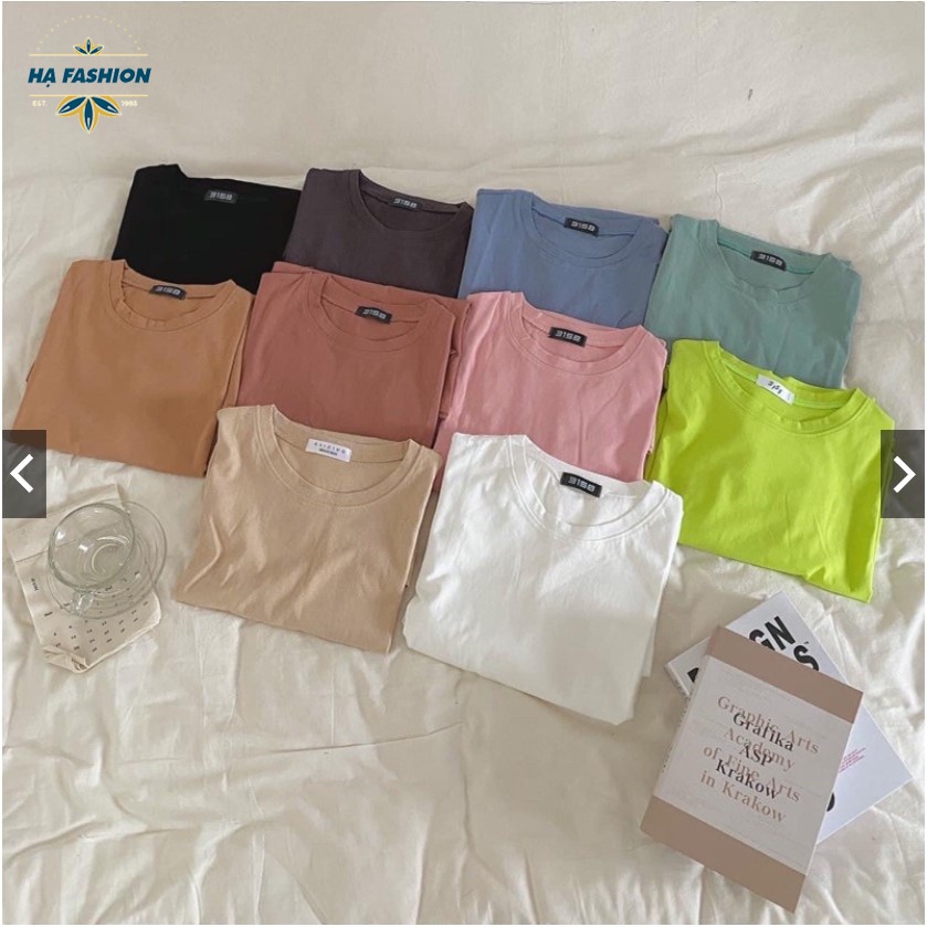 Áo thun trơn unisex cổ tròn form rộng tay lỡ free size vải cotton co giãn thoáng mát phong cách trẻ trung