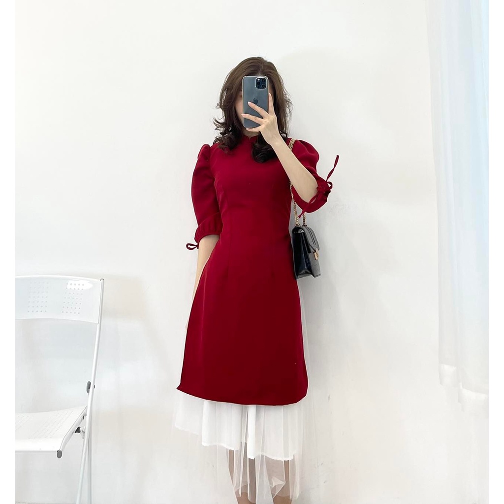 (FREESHIP) Set nhung đỏ kèm chân váy trắng tua miho.house
