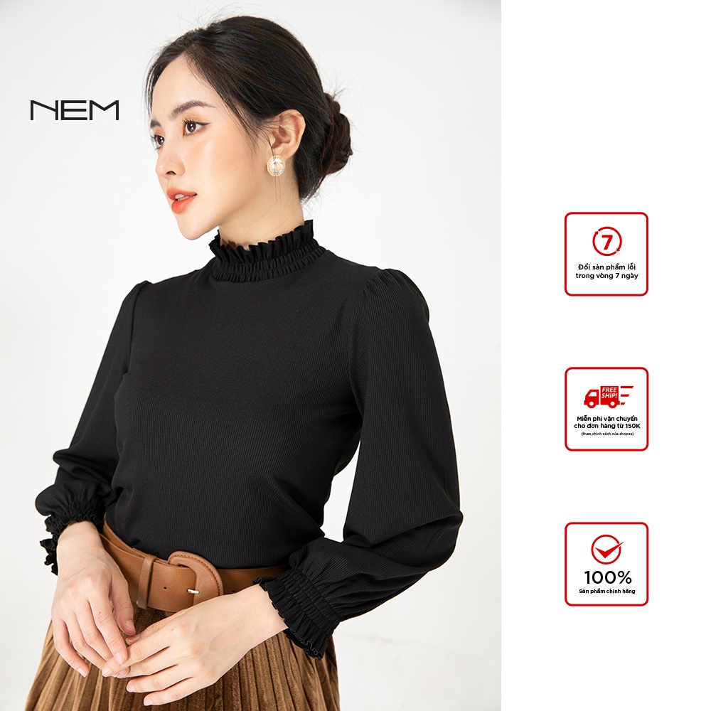 Áo thun nữ thiết kế cổ bèo tay bồng màu đen  NEM Fashion TS11712