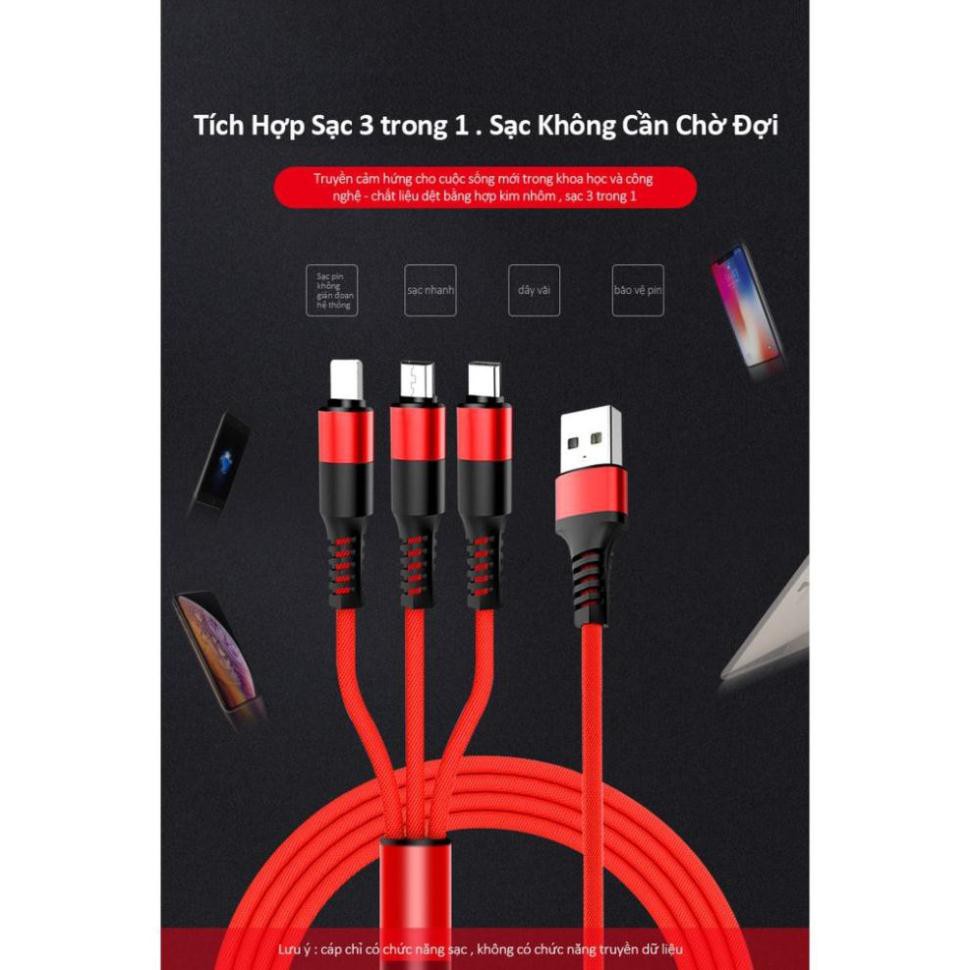 Dây cáp sạc iphone Lightning, Samsung type C, Micro Oppo, cáp sạc điện thoại 3 đầu bọc dù hỗ trợ sạc nhanh