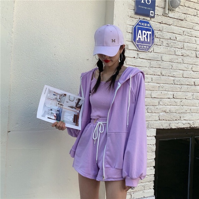 Set bộ thể thao 3 món áo khoác hoodie kèm áo 2 dây và quần sooc ống rộng