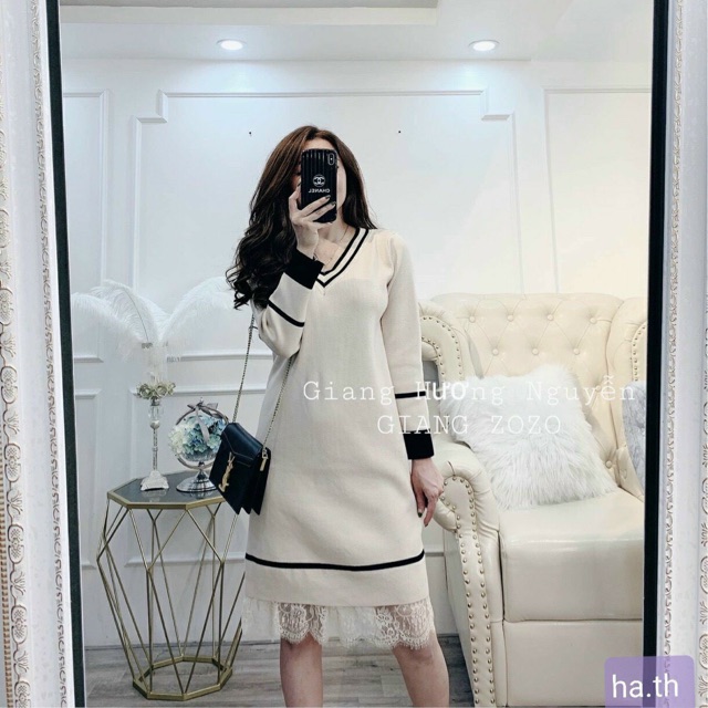 Váy Len Cổ Tim Viền Ren