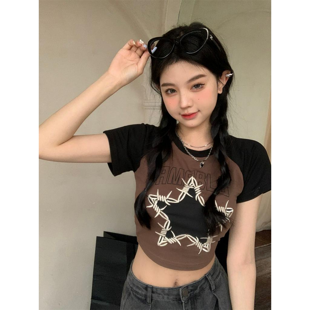 Áo Thun Ngắn Tay Thêu Chữ / Ngôi Sao Nhiều Màu Sắc Phong Cách Vintage Cho Nữ