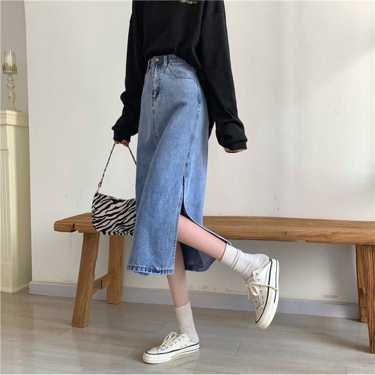 Xiaozhainv Chân váy jean lưng cao phong cách thời trang Hàn Quốc xinh xắn cho nữ | BigBuy360 - bigbuy360.vn