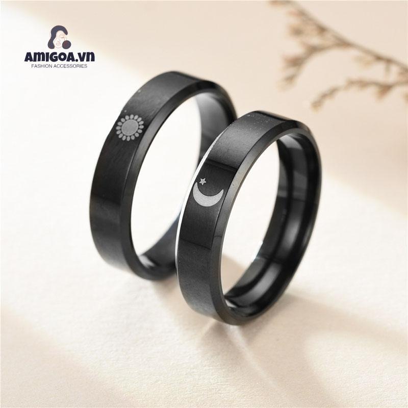 ✨✨ Nhẫn Thép Không Gỉ Màu Đen Họa Tiết Mặt Trăng / Mặt Trời Thời Trang Cho Cặp Đôi