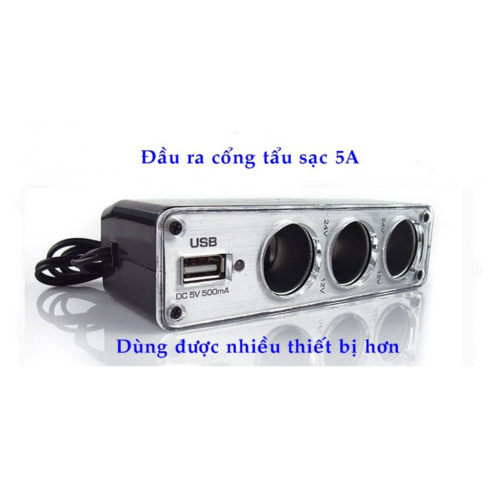 Bộ chia tẩu sạc ô tô, 3 nguồn tẩu sạc và 1 cổng USB