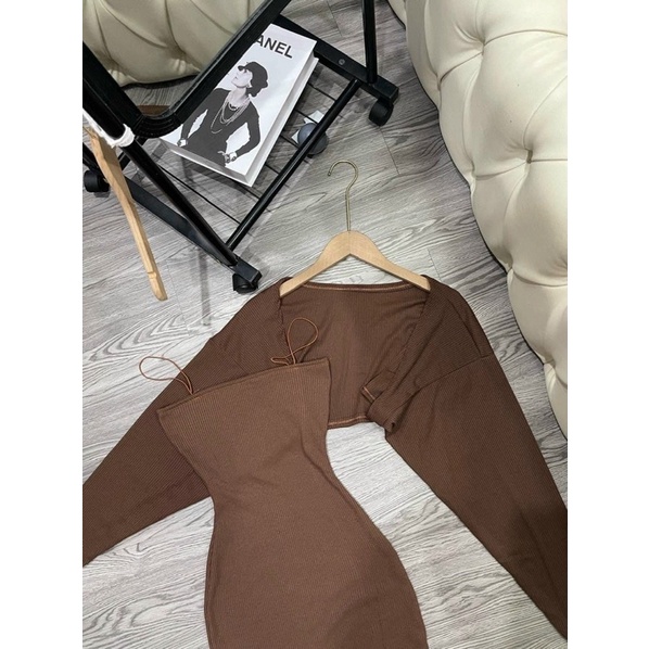 Set Đầm Body Dây Bún Dáng Ngắn + Khoác Cánh Dơi