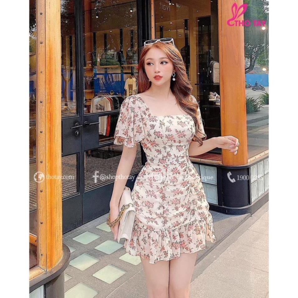 0S5-ảnh thật đầm bông tay ngắn đuôi xòe cổ vuông, váy kiểu nữ voan hoa nhí đuôi cá xinh đẹp TASA
