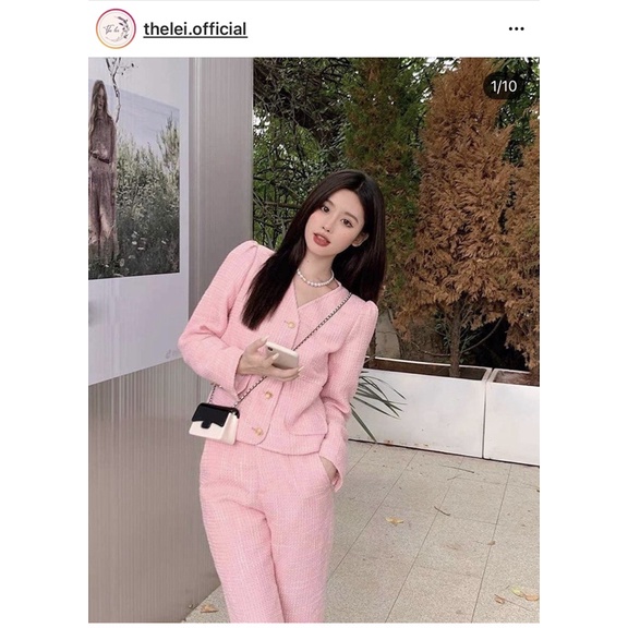 set ( có tách) áo khoác tweed dạ cổ xẻ chữ v tay dài quần cạp cao dài chân váy chữ a xoè đồ đôi nhóm