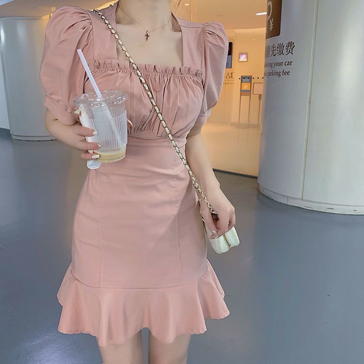 🎀váy babydoll Đầm Dáng Chữ A Cổ Vuông Tay Phồng Mềm Mại Màu Hồng Ngọt Ngào Dễ Phối Đồ