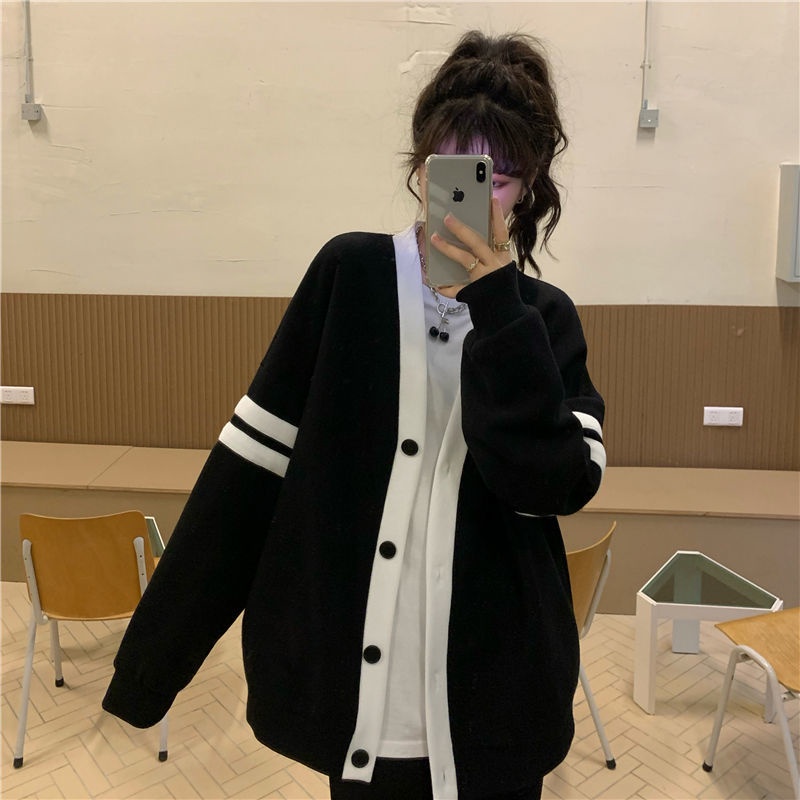 Áo Khoác Cardigan Tay Dài Dáng Rộng Màu Sắc Tương Phản Thời Trang Xuân Thu Cho Nữ