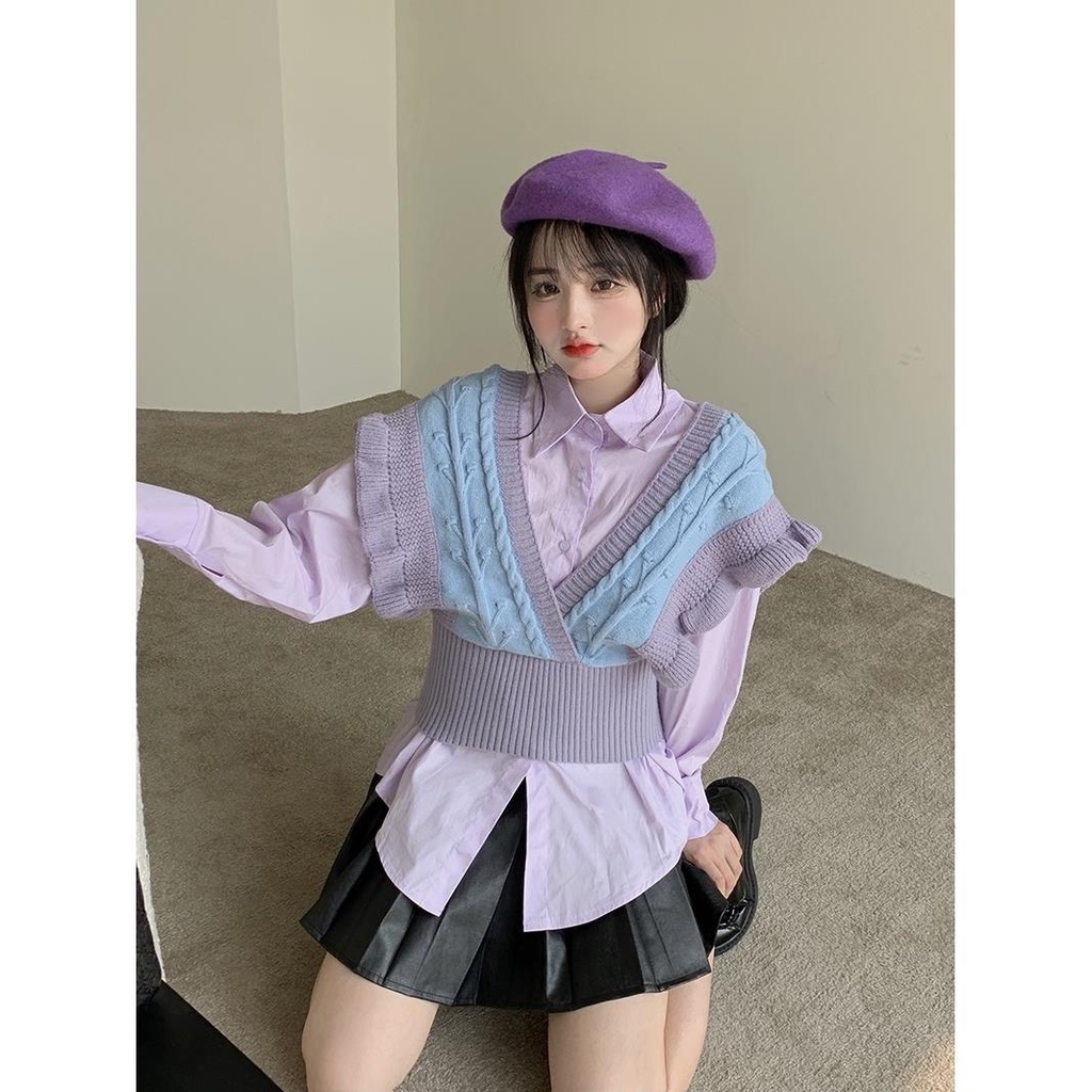 Áo Dệt Kim Sát Nách Cổ Chữ V Màu Tím Phong Cách Vintage Thời Trang Hàn Quốc