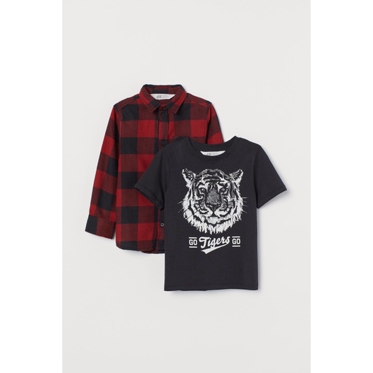 Set 2 Áo Bé Trai Sơ Mi Kèm Áo Thun Hô Đỏ/Đen HaM