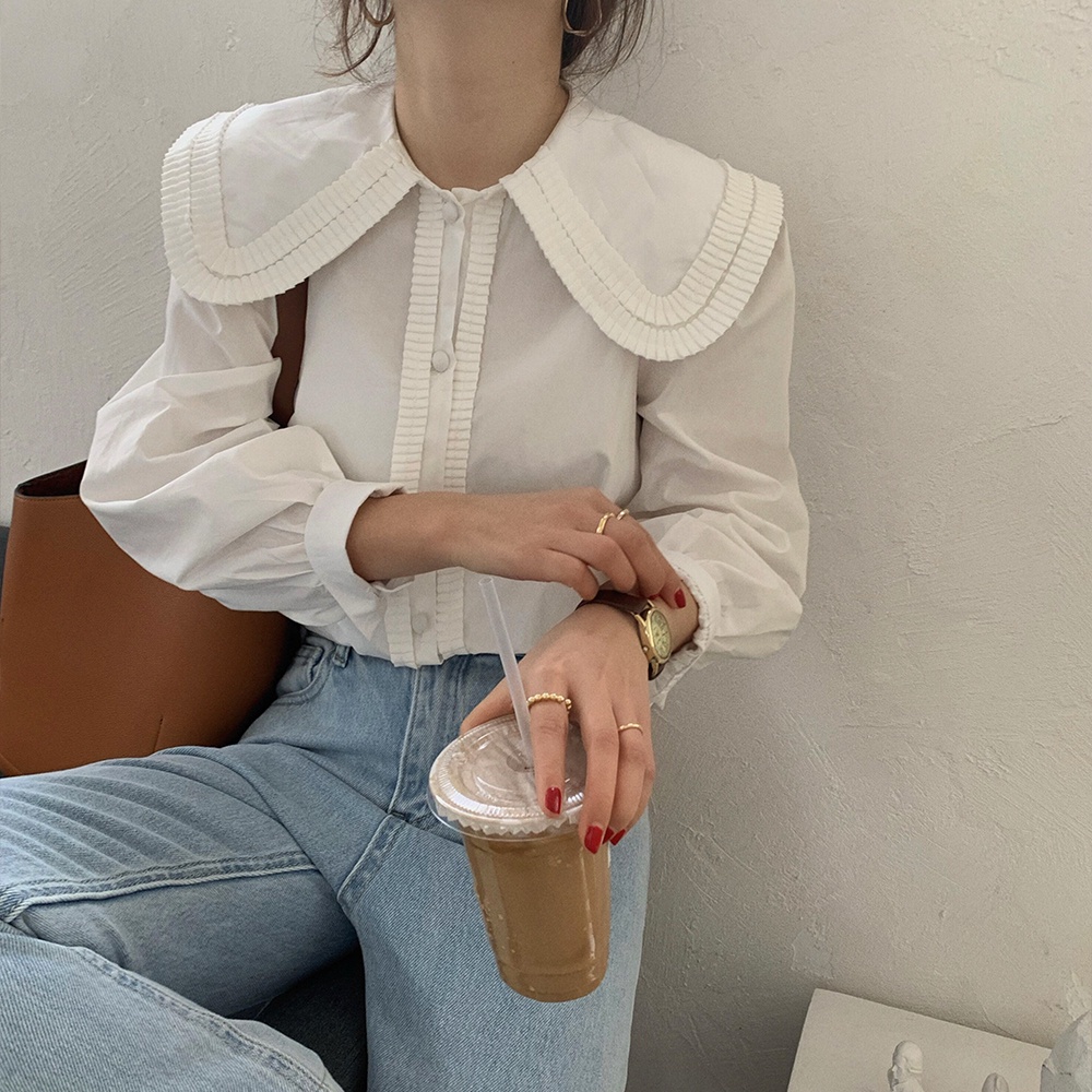 Áo Sơ Mi Cổ Búp Bê Dáng Rộng Phong Cách Retro Dành Cho Nữ