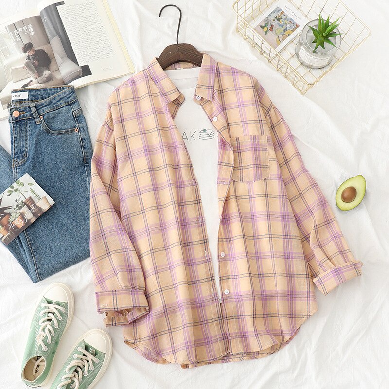 Áo Sơ Mi SixSisters Chất Liệu Cotton Kẻ Sọc Ca Rô Tay Áo Dài Thời Trang Cho Nữ