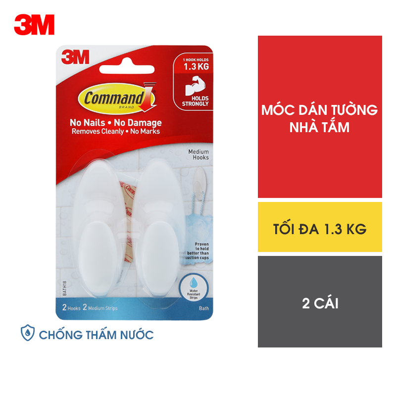 Móc dán tường chống thấm nước Command 3M vỉ 2 cái cỡ vừa chịu lực 1.3kg BATH18