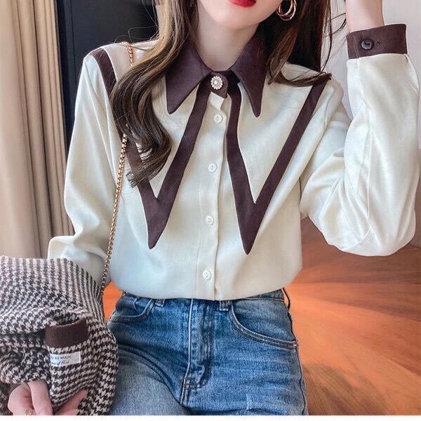 Áo Sơ Mi Tay Dài Dáng Rộng Họa Tiết Chấm Bi Phong Cách Vintage