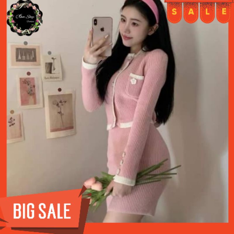 Set đầm body hồng phối viền trắng đi chơi siêu xịnh