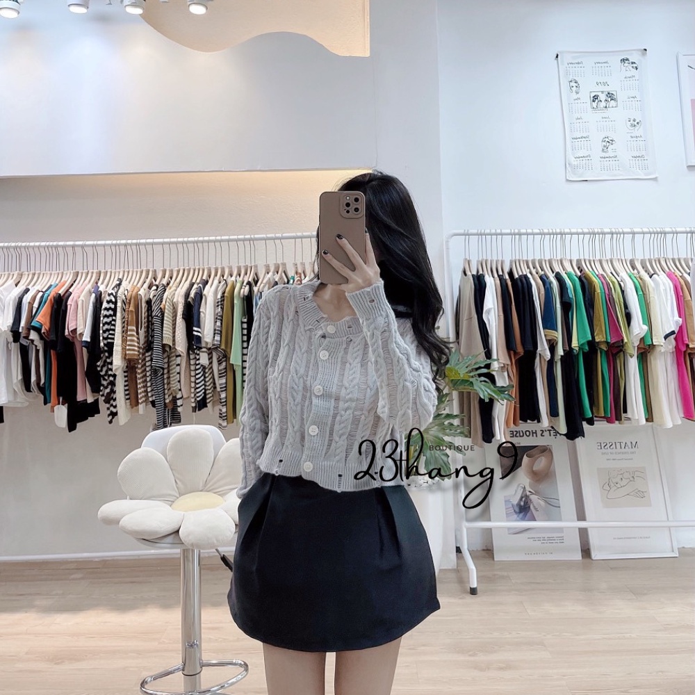 Áo len nữ áo khoác len nữ dài tay cổ tròn khuy trước cardigan màu đen màu trắng phong cách hàn quốc ulzzang 23thang9