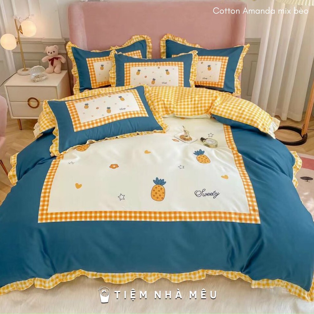 Bộ Chăn Ga Gối Cotton 100%✨m6/m8/2m -Tiệm Nhà Mêu✨2 Vỏ gối ,drap , vỏ chăn Cotton Amanda Họa Tiết Mới Viền Bèo Dễ Thương