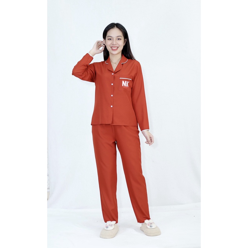 Bộ đồ bộ Pijama màu ĐỎ CAM NKK tay dài quần dài lụa Pháp - Thoải Mái Nhẹ Nhàng