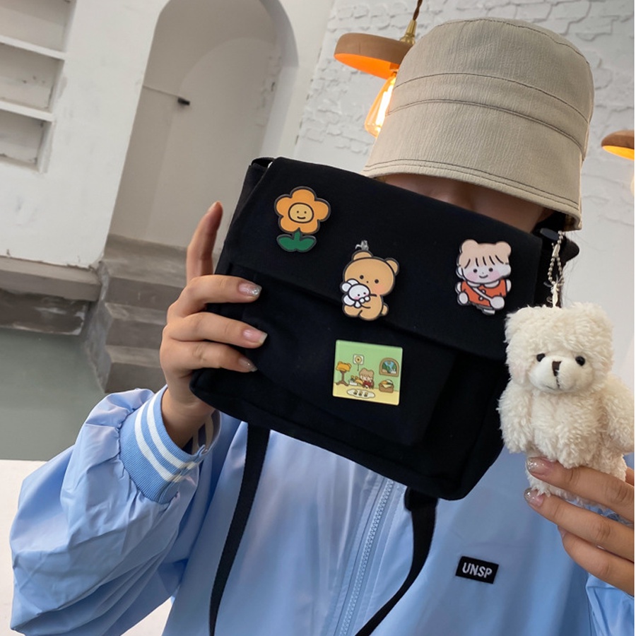 Túi Mini Đeo Chéo Vải Canvas Kèm 4 Sticker Siêu Dễ Thương Phong Cách Thời Trang.