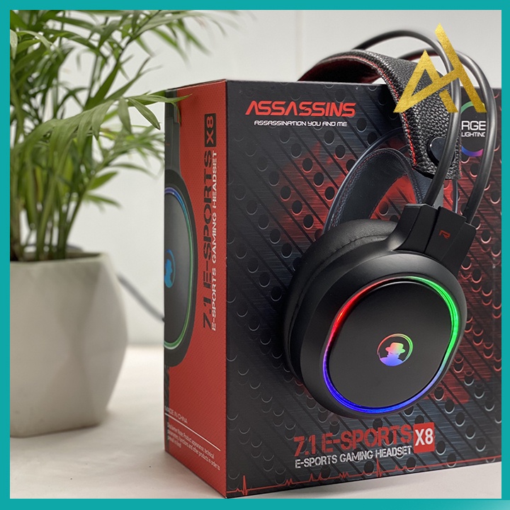 Tai Nghe Headphone Gaming Đèn LED 7 Màu RGB Có Mic ASSASSINS X8 Tai Nghe Nhạc Máy Vi Tính PC Laptop Chuyên Game Có Dây