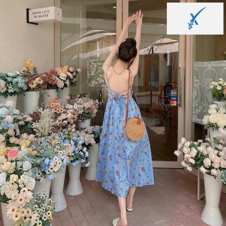 Váy hai dây maxi xanh hoa đi biển hở lưng dễ thương ulzzang Hàn Quốc [Yannie]