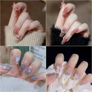 [Hàng mới về] Set 24 móng tay giả đính nơ có thể tháo rời màu trắng phối xanh dương