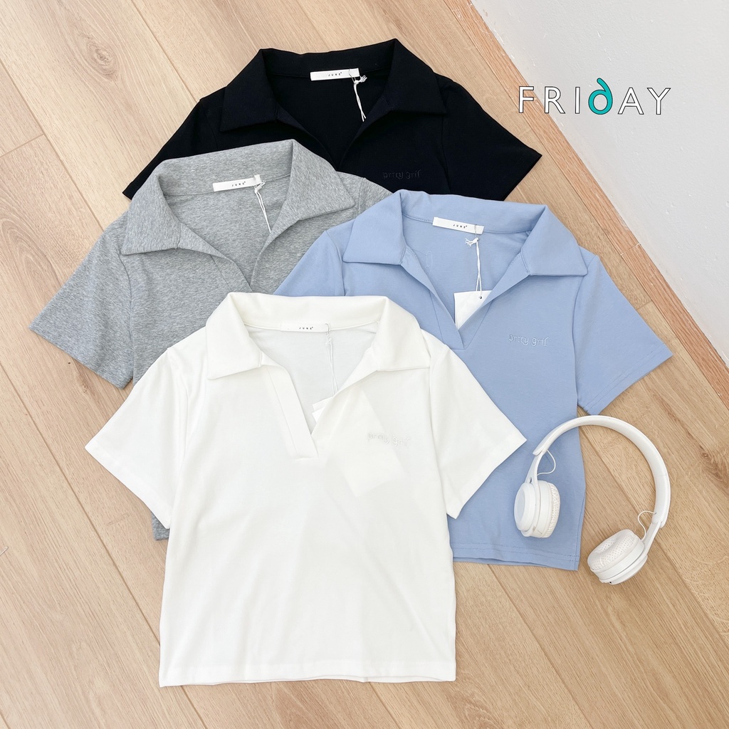 Áo polo basic Friday Hàn Quốc dáng lửng thêu chữ 2BC608A