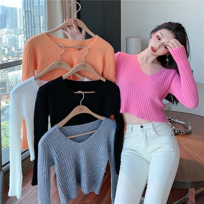 Áo Dệt Kim Tay Dài Cổ Chữ V Dáng Ôm Thời Trang Mùa Thu Hàng Mới Dành Cho Bạn Nữ