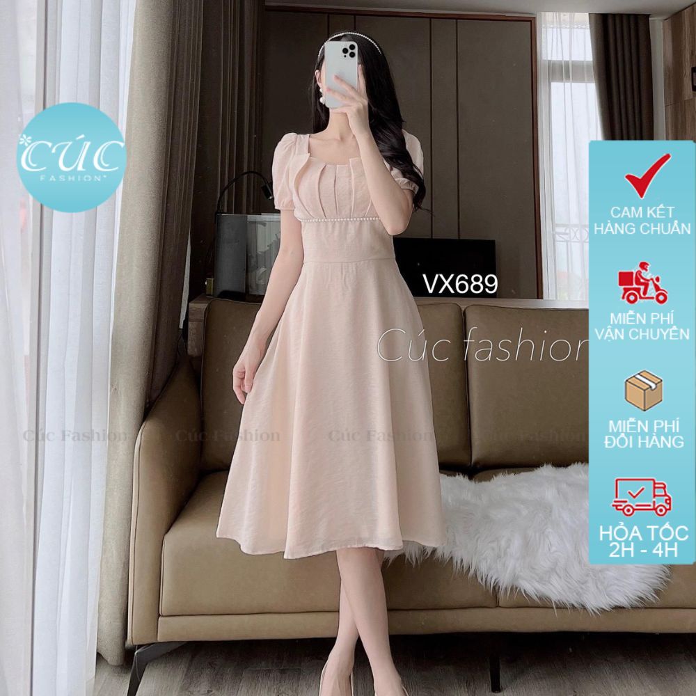 Đầm nữ Cúc Fashion babydoll đẹp vải chất lụa trắng nữ nhiều màu đi dự tiệc váy liền thân tơ ly ngực cao cấp VX689