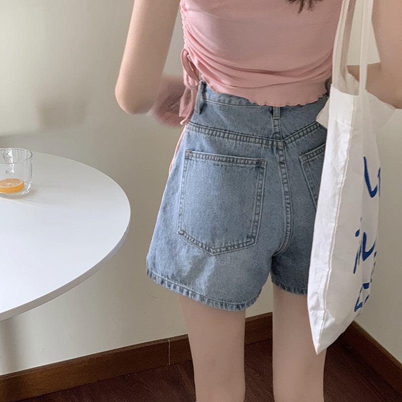 Quần short jean lưng cao dáng rộng xẻ tà thời trang mùa hè cho nữ