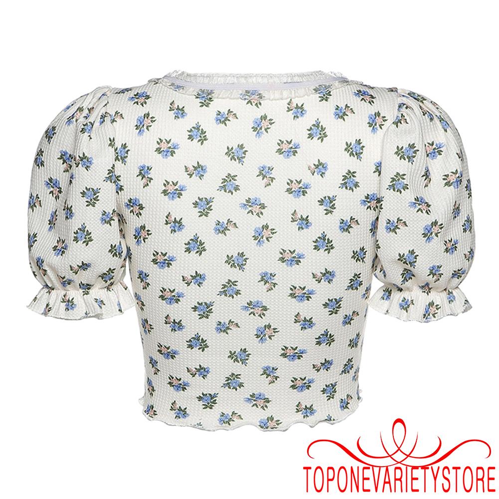 Áo Croptop Tay Phồng In Hoa Thời Trang Cho Nữ