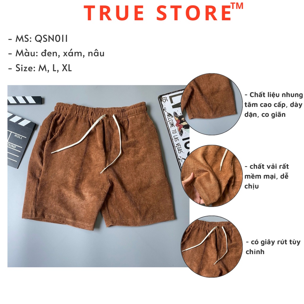 Quần short unisex đen nhung tăm unisex, quần đùi nam nữ trơn nhiều màu mẫu mới về, True Store, QSN011