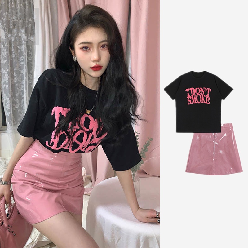 JSC Set Áo Thun In Họa Tiết + Chân Váy Da Dài Thời Trang Mùa Hè Cho Nữ