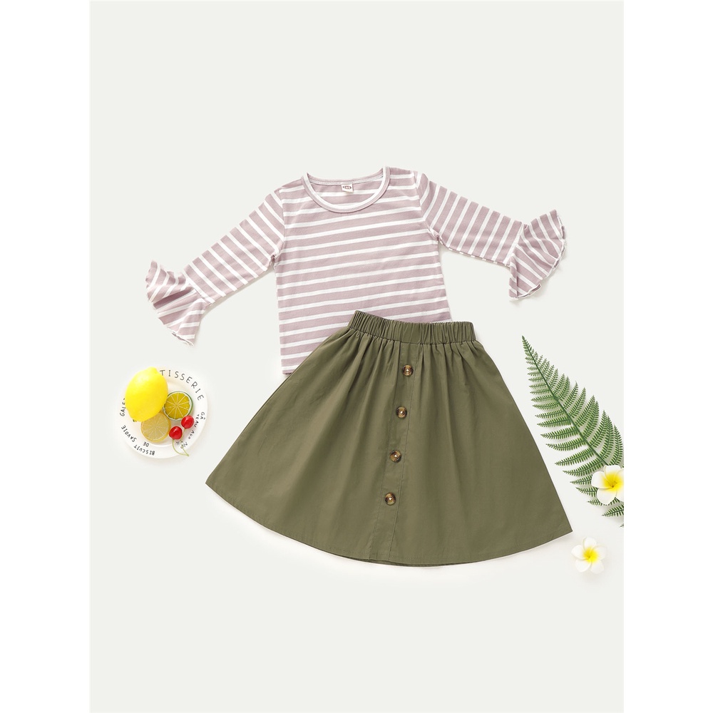 Set trang phục 2 món MIKRDOO gồm áo tay dài kẻ sọc và chân váy xanh lá cho bé gái 1-5 tuổi