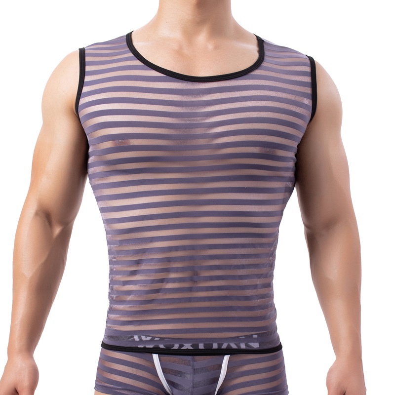 Áo Ba Lỗ Lưới Kẻ Sọc Gợi Cảm Tập Thể Hình Cho Nam