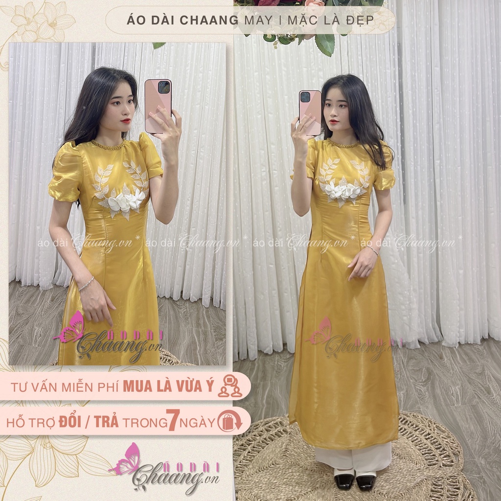 Áo Dài Cách Tân Nữ Tơ Bóng Cổ Tròn Dóc Vải Tay Thun Bồng Đính Hoa Trắng Thủ Công Form Ôm Đẹp