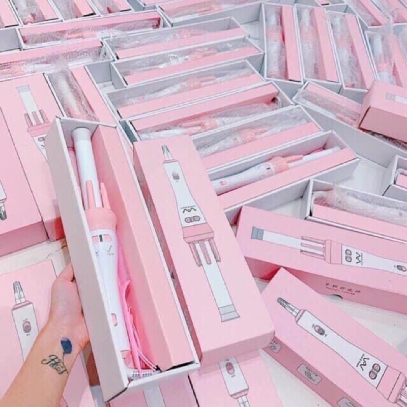 Máy uốn tóc xoăn tự đồng hồng kèm lược và kẹp