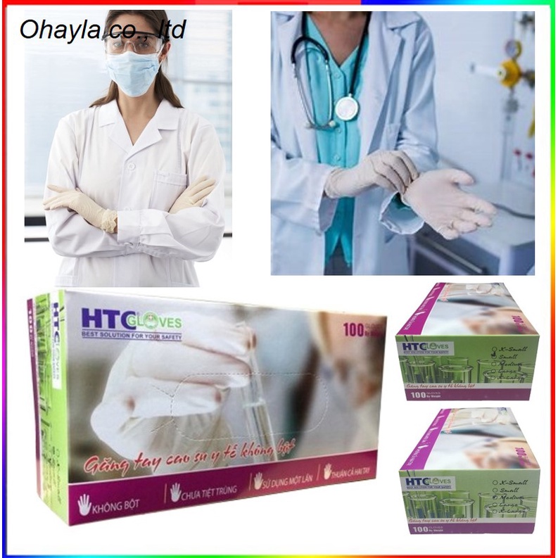 Găng tay y tế HTC Gloves không bột, cao su Latex màu trắng size S, M hộp 100 cái.